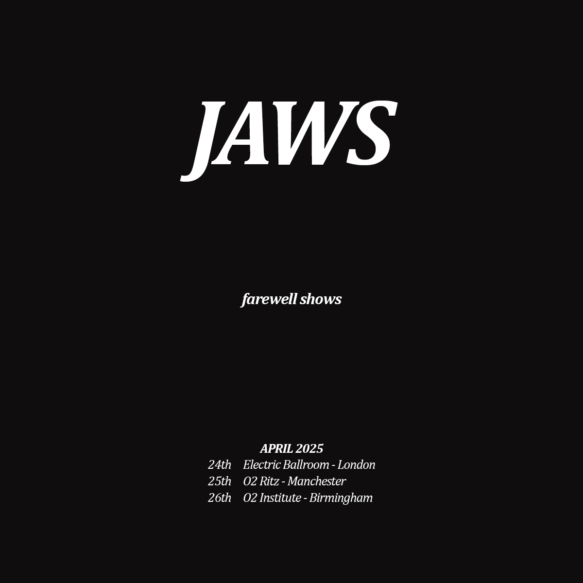 Some good news and some bad news.

The bad: indie band <a href="/JAWSJAWSJAWSSS/">JAWS</a> are no more🥀

The good: they'll be going out with a bang, with a trio of final UK shows this April!

This is your last chance: snap up tickets now 👉  tinyurl.com/fzny455z