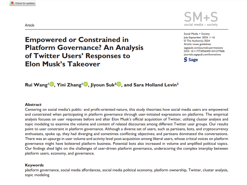 Rui Wang (@summer912_) on Twitter photo 👑 New Publication on My Birthday! 👑 I couldn’t have asked for a better gift! Our study on user-initiated platform governance, investigating Twitter users' responses to Elon Musk's takeover, is now published in <a href="/SocialMedia_Soc/">Social Media+Society</a> Open Access! 🎉journals.sagepub.com/doi/10.1177/20… (1/7) 👑 New Publication on My Birthday! 👑 I couldn’t have asked for a better gift! Our study on user-initiated platform governance, investigating Twitter users' responses to Elon Musk's takeover, is now published in <a href="/SocialMedia_Soc/">Social Media+Society</a> Open Access! 🎉journals.sagepub.com/doi/10.1177/20… (1/7)