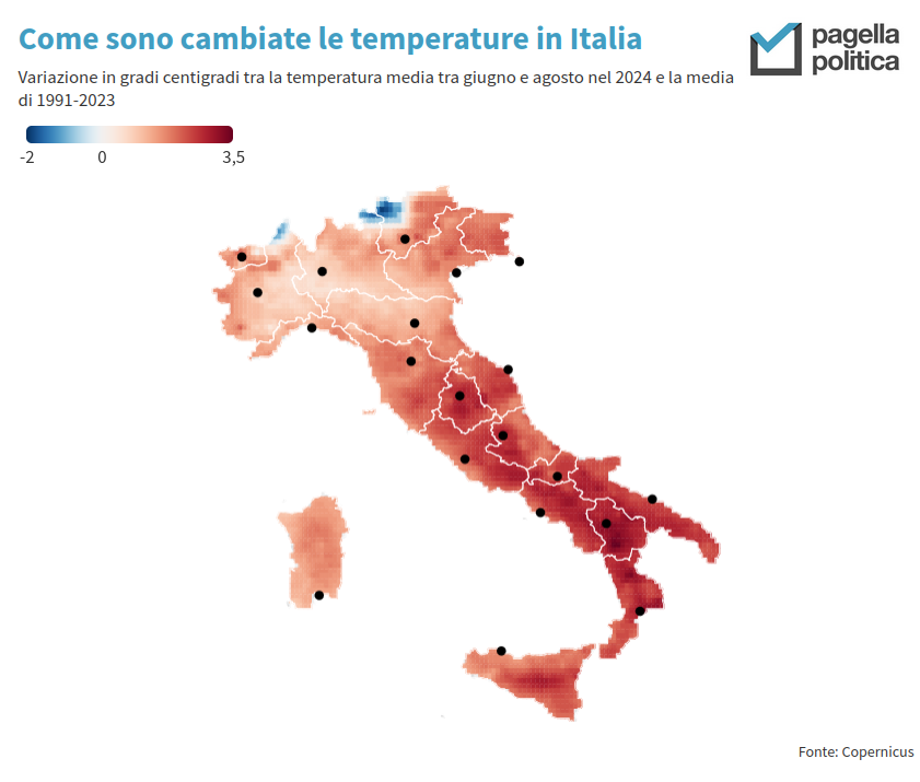 Ruffino_Lorenzo's tweet photo. Tra giugno e agosto in Italia si sono registrati in media 23°C contro i 21,3°C di media tra il 1991 e il 2023: è un aumento di 1,8°C, circa l’8,5 per cento in più. https://t.co/l05Cy5lt5j