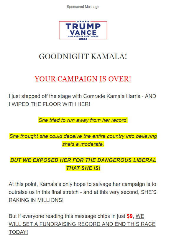 RepublicanMail's tweet image. Links to secure.winred.com/trump-national…

#Debate2024