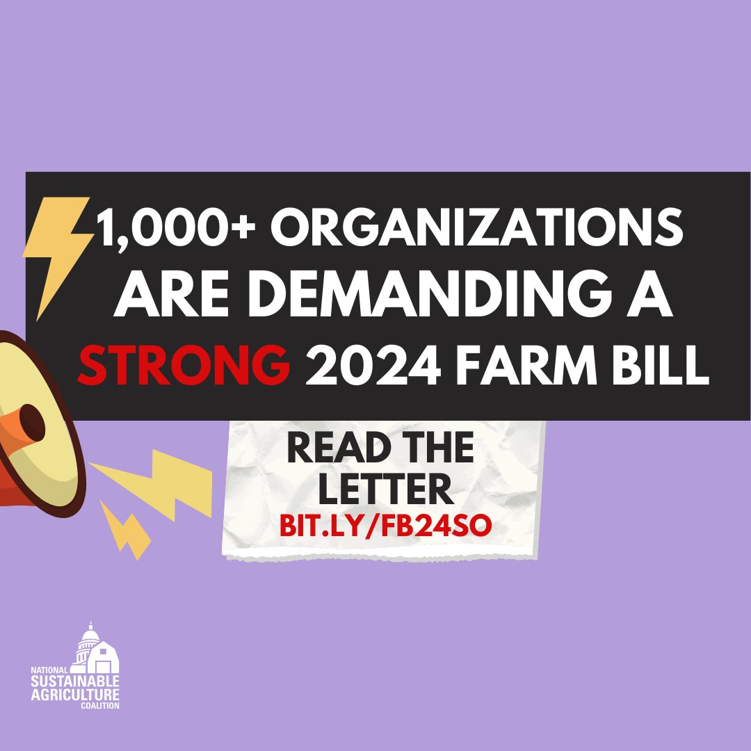 📢 Over 1,000 organizations representing every state in the US agree Congress must pass an equitable, resilient &amp; sustainable #FarmBill2024 that invests in all farmers, strengthens our food system &amp; builds a fair &amp; accessible farm safety net.💌🔗Full text: bit.ly/FB24SO