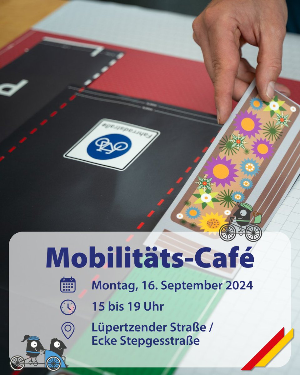Zum Start der #EMW2024 gibt es am Montag ein Mobilitäts-Café bei dem spannende Themen rund um den Mobilitätswandel und die Verkehrssicherheit im Vordergrund stehen.
🗓️ Montag, 16.09. 15 - 19 Uhr
📍 Lüpertzender Straße / Ecke Stepgesstraße
👥 krauses Projektdesign