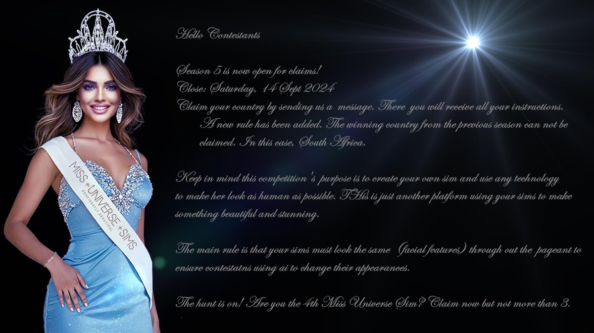 Sims4_MissWorld's tweet image. Hello everyone. I have finally recovered fully from my nasty fall and are happy to say that Season 5 is a go.
Judges invites will go out in a day or 2.
Also a big shoutout and thank to @MenaBuchner ♥️for mentioning that she would stream bits and pieces of this season.