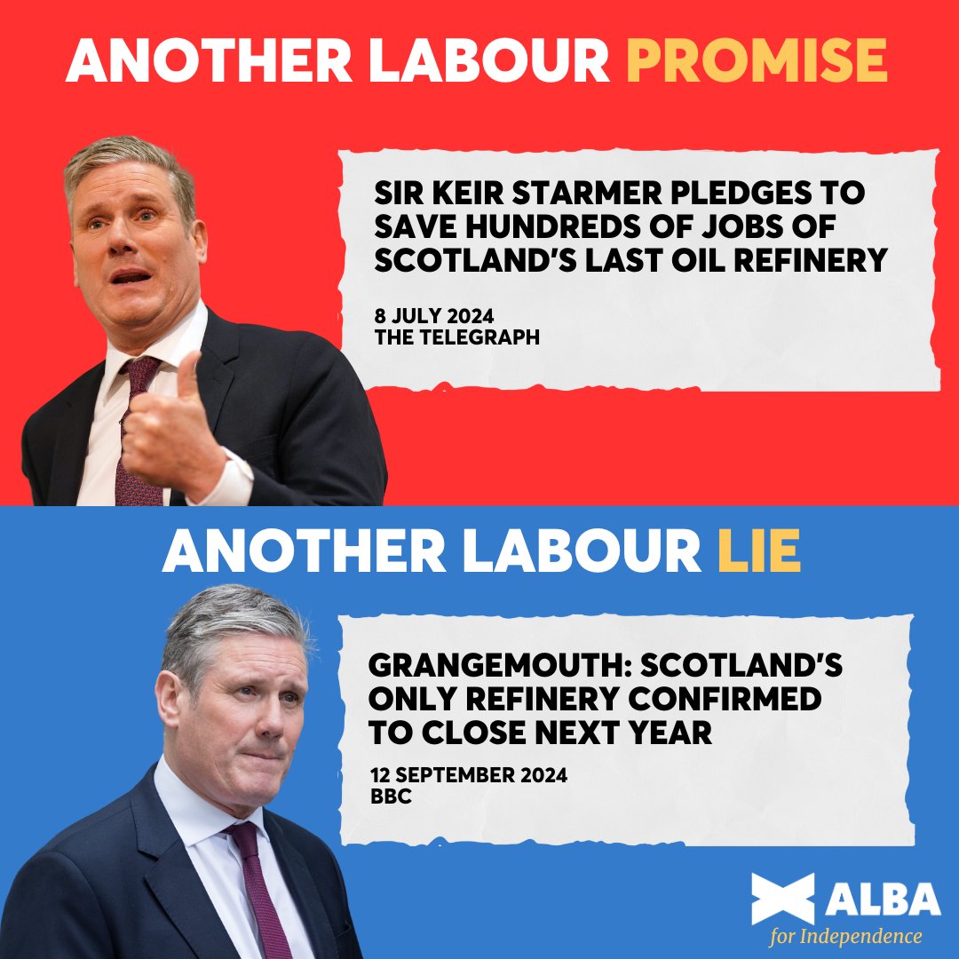 AlbaParty's tweet photo. 🏭Grangemouth, Scotland's only oil refinery, is now set to close in 2025. 

❌ With another Labour promise comes yet another lie. 

#ALBAforIndependence https://t.co/9Jdo2AOoIy
