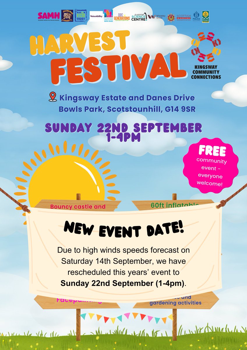 📢NEW DATE📢

Due to high winds scheduled for this Saturday, we have changed the date of the Harvest Festival to Sunday 22nd September (1-4pm). 

PLEASE SHARE! 💛

#WhatsOnG13 #WhatsOnG14