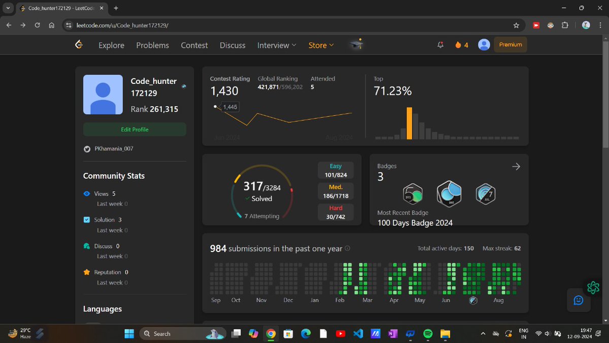 PKhamania_007's tweet image. ๐ฅ Just hit 150 active days on @LeetCode! ๐ช Solved 317 questions across all levels, pushing boundaries every day. ๐ Onward to more learning and growth! #CodingJourney #LeetCodeWarrior #100DaysOfCode #KeepGrinding"