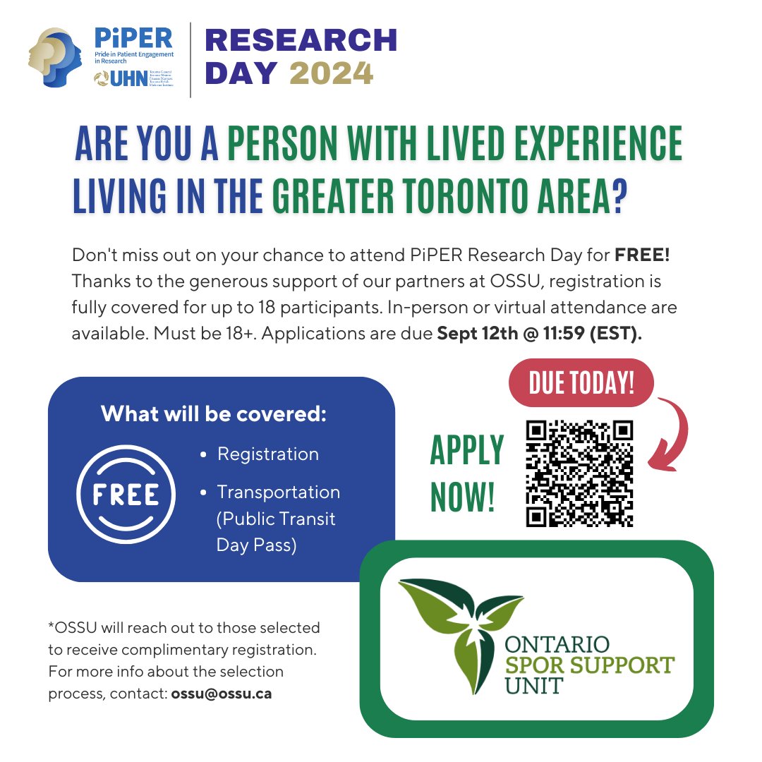 PiPER@UHN (@piper_uhn) on Twitter photo LAST DAY to apply for a chance to attend PiPER Research Day for FREE. OSSU (<a href="/OSSUtweets/">OSSU Tweets</a>) will fund 18 complimentary registrations & transportation to and from the event (Public Transit Pass). Must be 18+ & GTA resident. Due Sept 12th @ 11:59PM. LAST DAY to apply for a chance to attend PiPER Research Day for FREE. OSSU (<a href="/OSSUtweets/">OSSU Tweets</a>) will fund 18 complimentary registrations & transportation to and from the event (Public Transit Pass). Must be 18+ & GTA resident. Due Sept 12th @ 11:59PM.