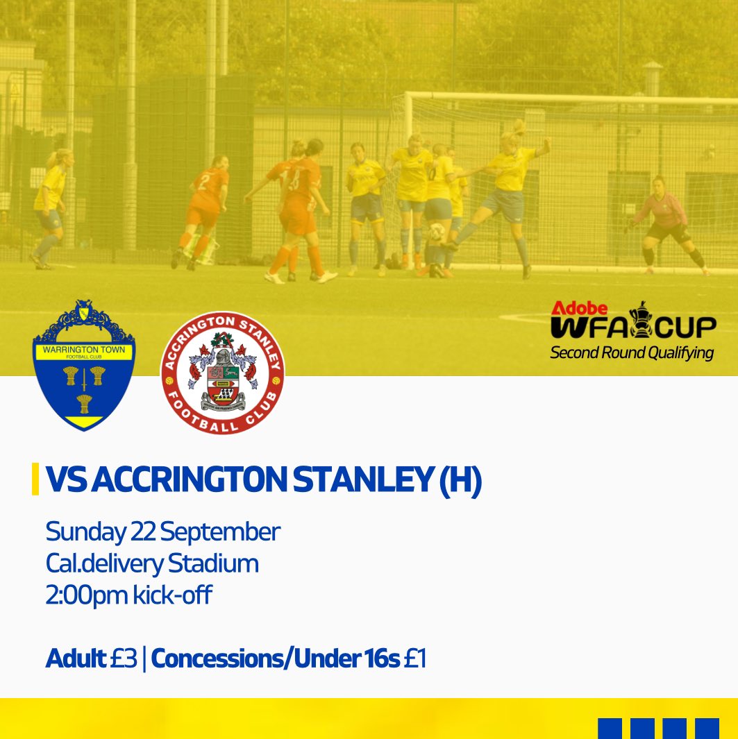 🤩 History in the making!

We are pleased to announce that for the first time ever, we will be playing at the Cal.delivery Stadium, home of <a href="/theyellows/">Warrington Town FC</a> for our FA Cup fixture next weekend.

🎟️ Tickets available: warringtontownfc.co.uk/warrington-tow…

#uptheyellows🟡