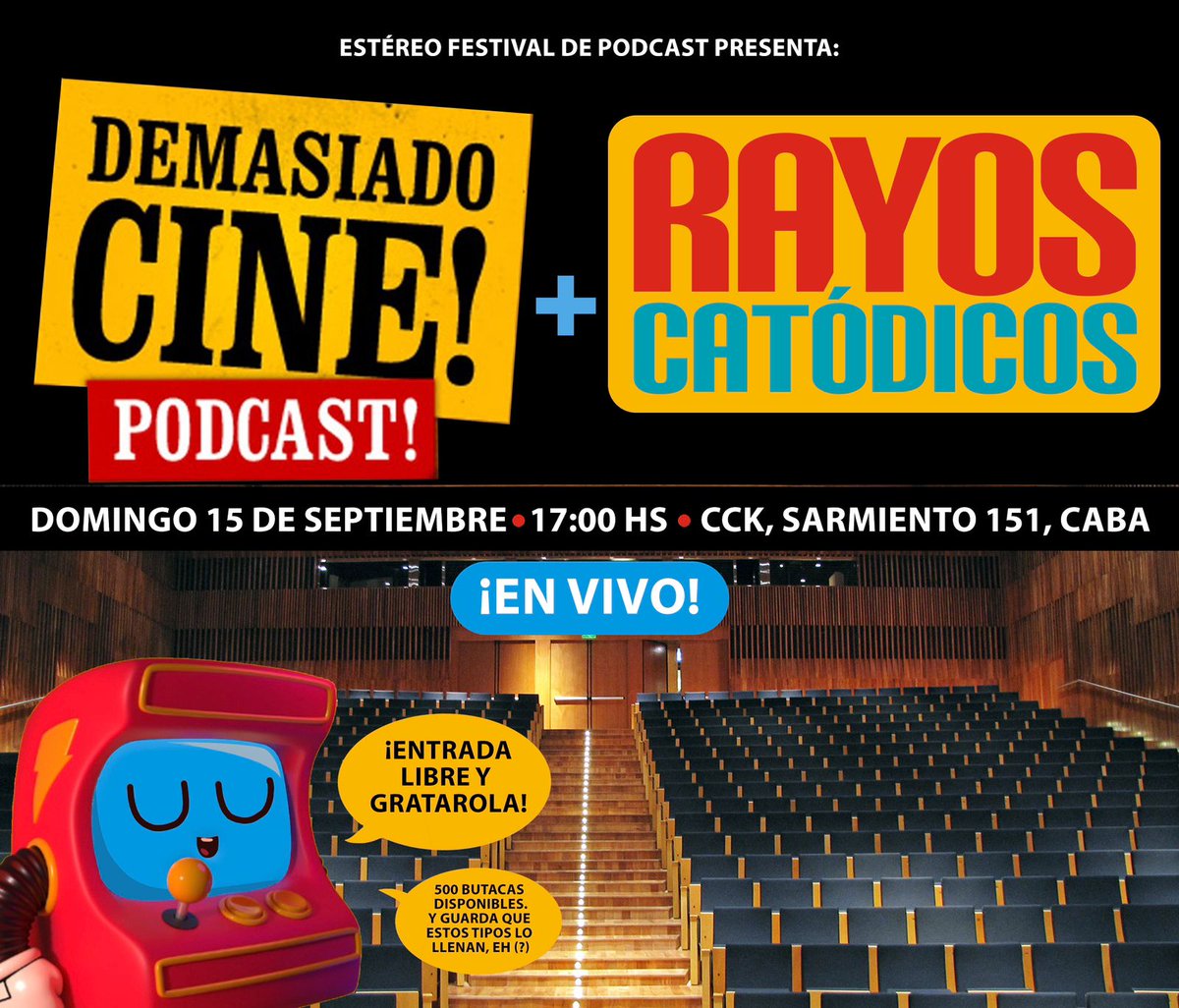 Esta foto de <a href="/demasiadocine/">Demasiado Cine!</a> podcast con los <a href="/rayoscatodicos1/">Rayos Catódicos</a> la tomamos en Abril de 2014. Este Domingo 15 de Septiembre la repetimos en el marco del
<a href="/EstereoFestival/">EstereoFestival</a>! Te esperamos en el CCK! SI! VUELVE DEMASIADO CINE!... por un ratito! VENITE!