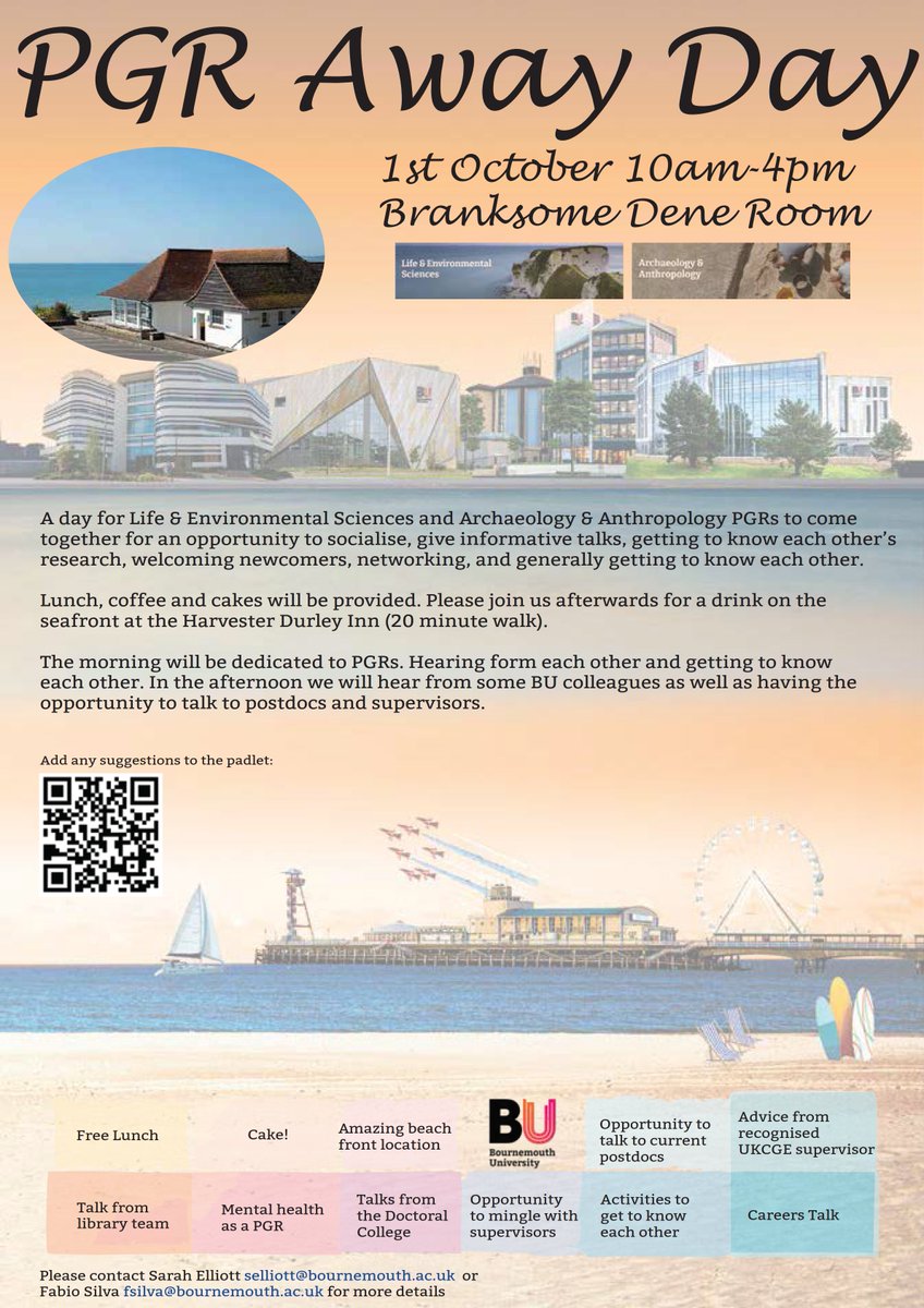Bournemouth Arch & Anth (@bu_archanth) on Twitter photo Are you a postgraduate researcher in Life & Environmental Sciences or Archaeology & Anthropology at BU? Come to our away day next month!
Contact Sarah Elliott selliott@bournemouth.ac.uk or
Fabio Silva fsilva@bournemouth.ac.uk for more details Are you a postgraduate researcher in Life & Environmental Sciences or Archaeology & Anthropology at BU? Come to our away day next month!
Contact Sarah Elliott selliott@bournemouth.ac.uk or
Fabio Silva fsilva@bournemouth.ac.uk for more details