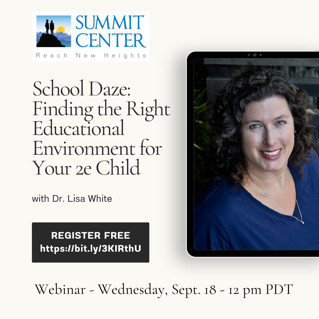 FREE webinar! Learn how to find the best educational environment for your 2e child, whether public, independent, 1-1, or alternative. Dr. Lisa White will discuss what factors are important (academics might be the least of it!), questions to ask, &amp; more. bit.ly/3KIRthU