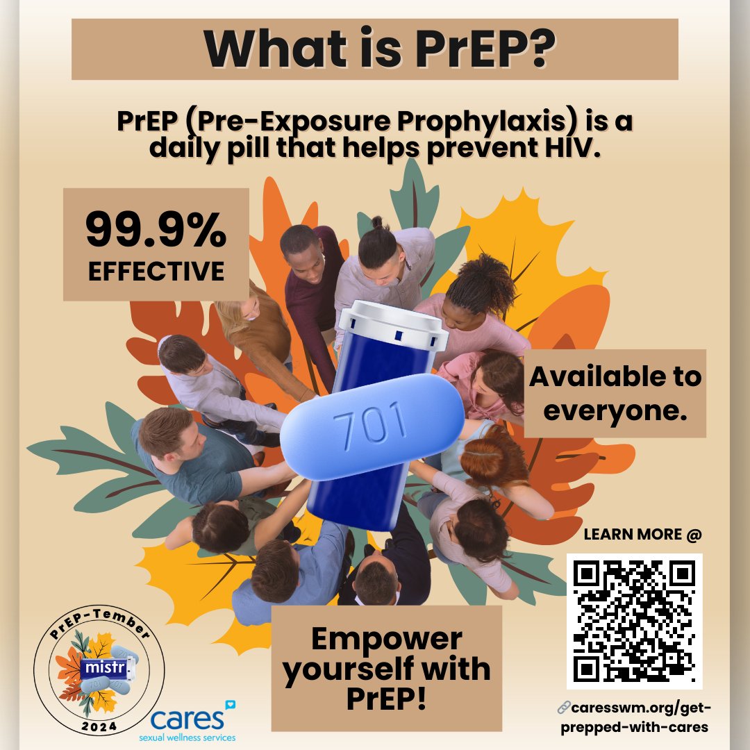 CARESswm's tweet photo. ITS #PrEPtember! 💊This month, explore what PrEP is and why it matters.🤔  

PrEP is a daily pill that is 99.9% effective at preventing HIV and is available to everyone. Take control of your health! 

More info: Scan the QR code or visit 🔗https://t.co/Uazq1vvopA 
#HIVPrevention https://t.co/pYlANVNJX0