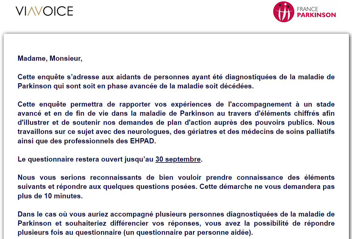 Enquête auprès des aidants : stade avancé de la maladie de Parkinson et fin de vie ✏️

Si vous n'avez pas encore participé à cette enquête, il est encore temps d'y répondre.

Si vous êtes aidant d’une personne malade de #Parkinson en phase avancée de la maladie ou avez été aidant