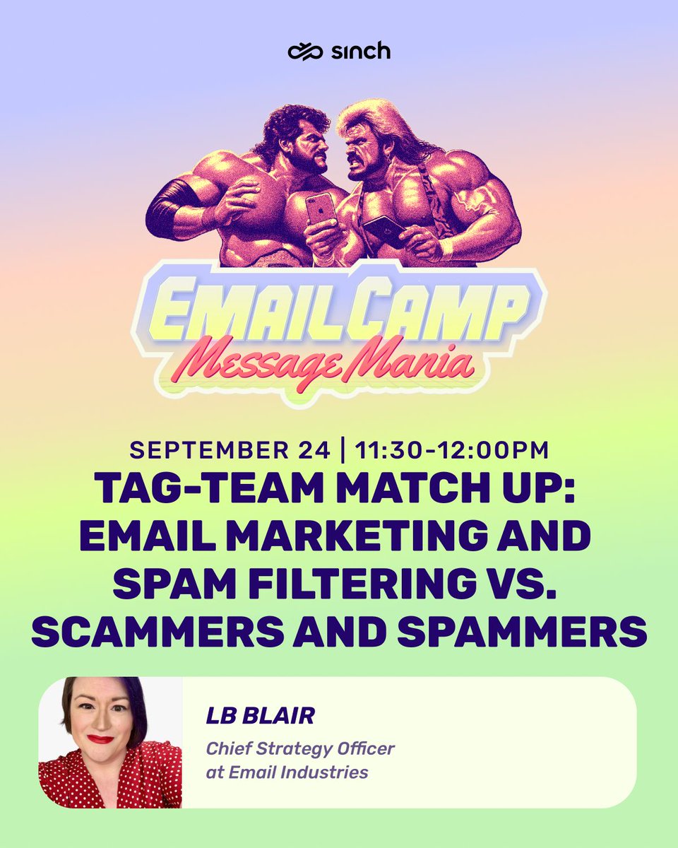 Email Camp MessageMania by Sinch @Mailjet is less than 2 weeks away and you can't miss this online event! 💪

Join our Chief Strategy Officer, LB Blair, as she talks about email marketers and spam filters vs. scammers and spammers.

Register at: hello.mailjet.com/email-camp/?ut…