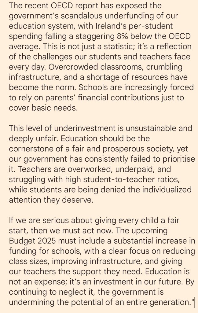 If we are serious about giving every child a fair start, then we must act now. The upcoming #Budget2025 must include a substantial increase in funding for schools, with a clear focus on reducing class sizes, improving infrastructure, and giving our teachers the support they need.