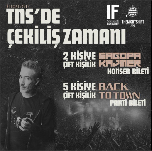 nightshiftorg's tweet photo. TNS’DE ÇEKİLİŞ ZAMANI✨🫶🏻
2 kişiye çift kişilik Sagopa Kajmer konser bileti!
5 kişiye çift kişilik Back To Town parti bileti!

Çekiliş Katılım Koşulları:
✅ Instagramda @thenightshiftorg sayfamızı takip et!
✅ Son Gönderiyi beğen!
✅ Son Gönderinin altına 2 arkadaşını etiketle! https://t.co/9N7tEpwAFx