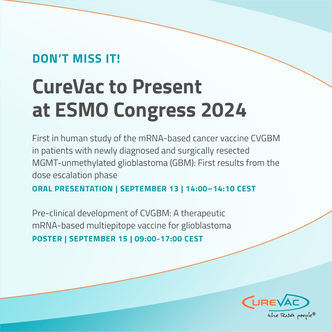 There’s one day left before the start of #ESMO2024! CureVac will be presenting on the very first clinical data from the Phase 1 study of our mRNA-based #cancervaccine candidate CVGBM and will also have poster session. Learn more below!