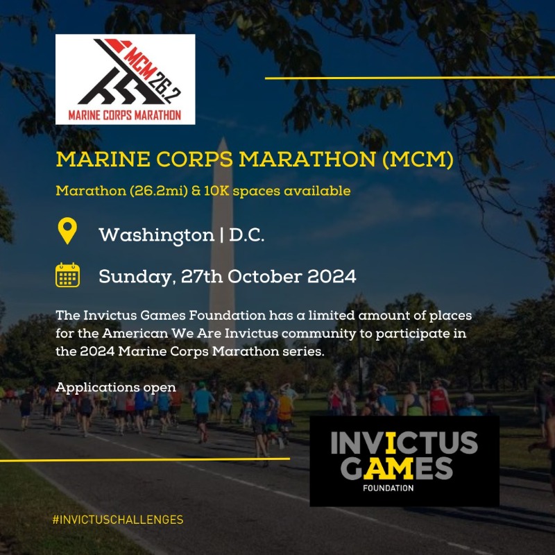 WeAreInvictus's tweet photo. Who wants to run the Marine Corps Marathon!?
We have some last minute spaces available in the 10km and 42km distances for members of the #WeAreInvictus community.
This #InvictusChallenges is only open to those based in North and South America and travel is included. #IAMHere