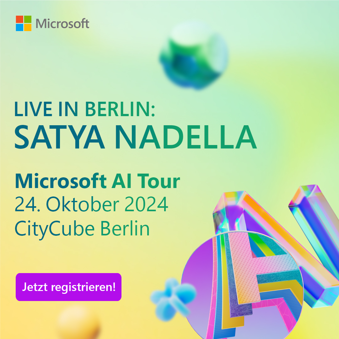 🔝Erweitern Sie Ihren Horizont und entdecken Sie den Mehrwert von KI für Ihr Unternehmen. Vertiefen Sie Inhalte, die für Ihre Business-Strategie im KI-Zeitalter entscheidend sind und viel mehr. Jetzt für die #MicrosoftAITour am 24. Oktober anmelden: msft.it/6018mOTPk