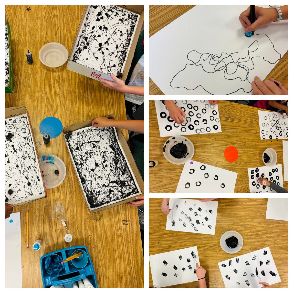 Rhythm study day 1, studying the 5 types of visual rhythm in art through a variety of art making techniques.