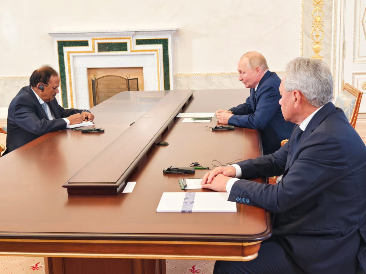 India in Russia (@indembmoscow) on Twitter photo NSA Shri Ajit Doval called on the President of the Russian Federation H.E. Mr. Vladimir Putin in St. Petersburg on September 12, as directed by Hon'ble Prime Minister <a href="/narendramodi/">Narendra Modi</a>. They discussed issues of mutual interest in the spirit of Special and Privileged Strategic NSA Shri Ajit Doval called on the President of the Russian Federation H.E. Mr. Vladimir Putin in St. Petersburg on September 12, as directed by Hon'ble Prime Minister <a href="/narendramodi/">Narendra Modi</a>. They discussed issues of mutual interest in the spirit of Special and Privileged Strategic