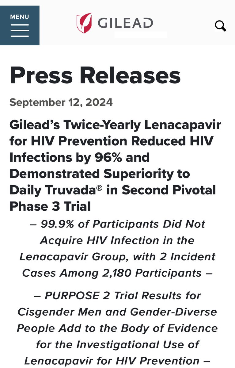 Liz Highleyman (@lizhighleyman) on Twitter photo The news many of us have been waiting for! Excellent results for <a href="/GileadSciences/">Gilead Sciences</a> twice-yearly lenacapavir PrEP, as previously seen in African women, also hold for gay men. Just 2 new #HIV cases among 2000+ participants.
gilead.com/news-and-press… The news many of us have been waiting for! Excellent results for <a href="/GileadSciences/">Gilead Sciences</a> twice-yearly lenacapavir PrEP, as previously seen in African women, also hold for gay men. Just 2 new #HIV cases among 2000+ participants.
gilead.com/news-and-press…