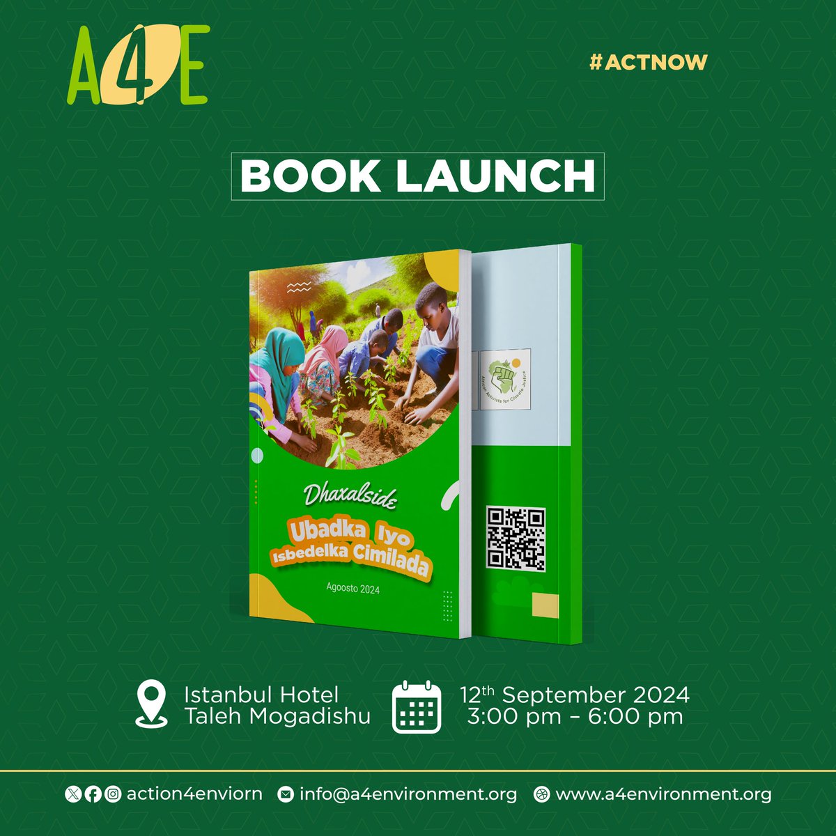 🌍 Big Announcement! Be part of our opening ceremony for the book "Dhaxalside: Ubadka iyo Isbedelka Cimilada" 📚 , a vital publication about climate change.
#ActNow
#A4E

Download↓
a4environment.org/buugga-dhaxals…