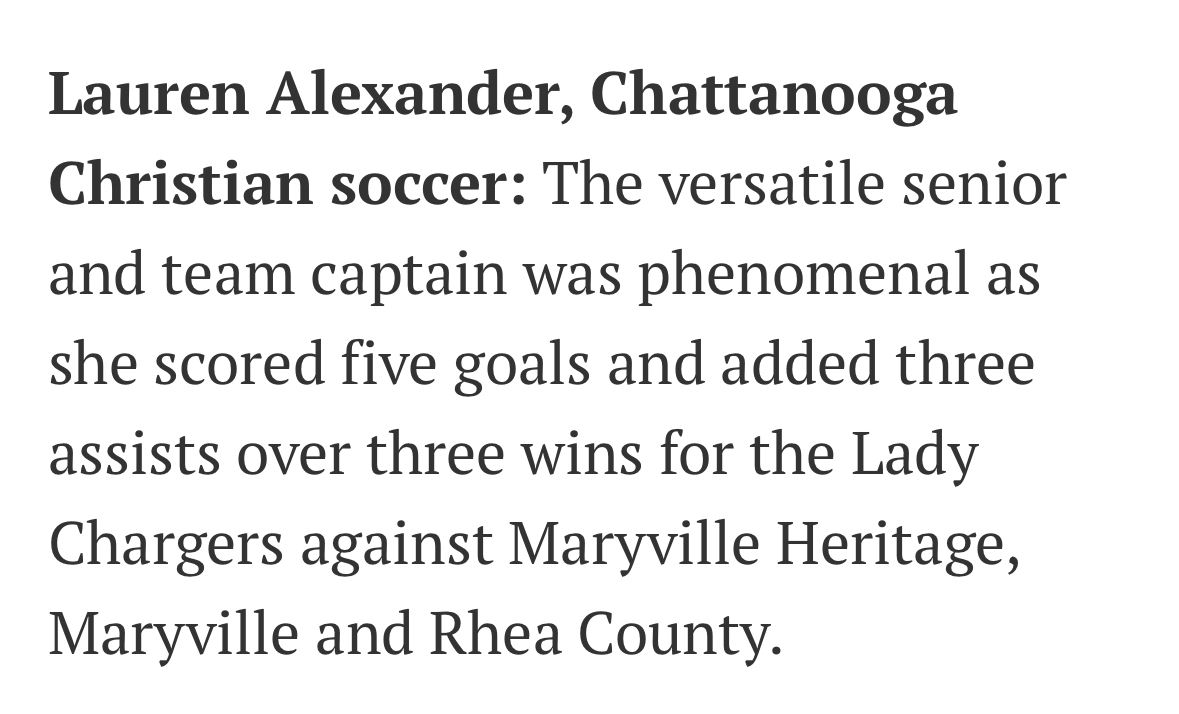 Thank you <a href="/TimesFreePress/">Times Free Press</a> for the mention in the Thursday paper. <a href="/Blackcreekclub/">Black Creek Club</a> 

@toppreps @prepsoccer @thesoccerwire @topdrawersoccer @imyouthsoccer @g2collegesoccer @elitesoccerplay @onlygplatform @ogpsoccer @thesoccerwire <a href="/scoutingzone/">ScoutingZone®</a> <a href="/SpaceSoccerMom/">SoccerMom.space</a>