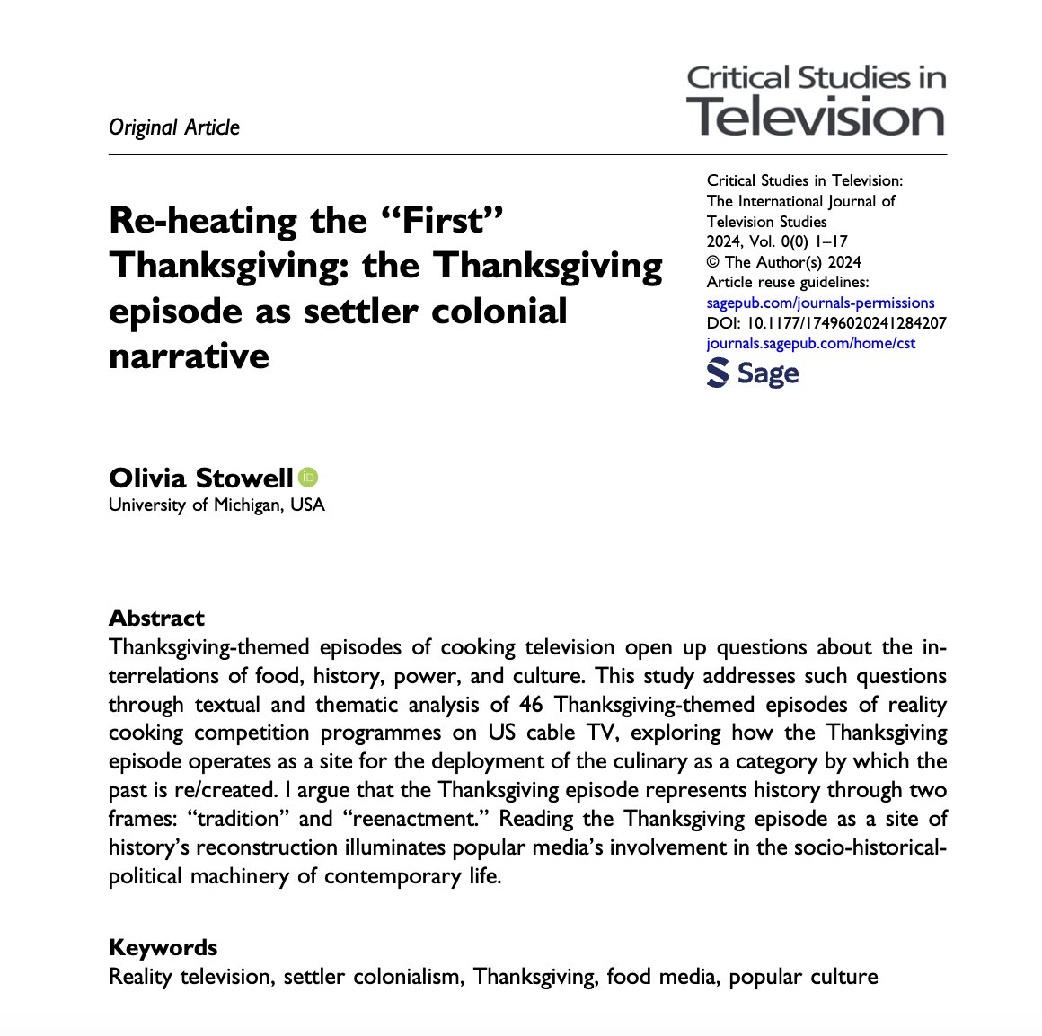 I am so excited to share that my article "Re-heating the 'First' Thanksgiving" has been published today online in the journal Critical Studies in Television!
journals.sagepub.com/doi/10.1177/17…