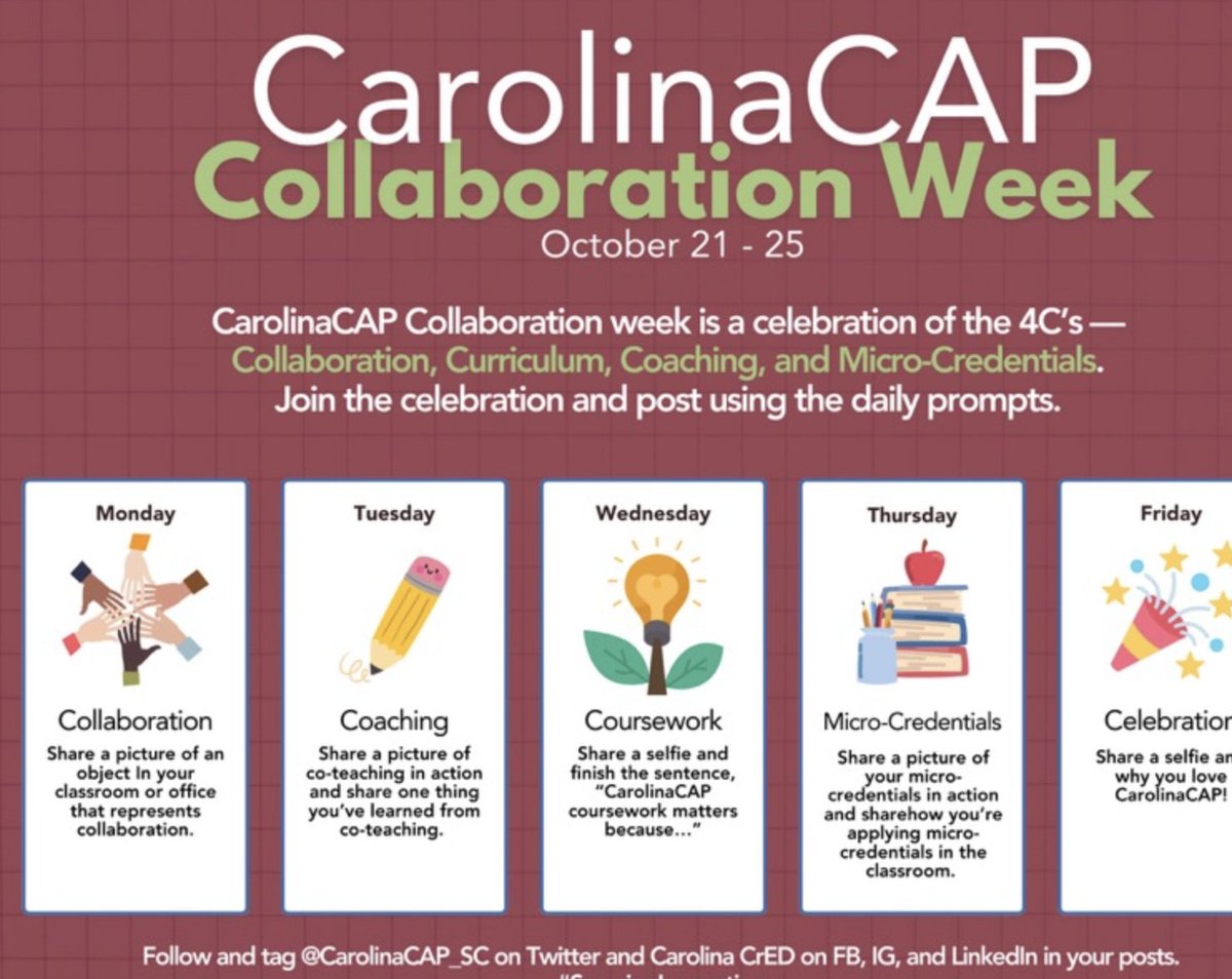 CarolinaCAP_SC's tweet image. 🗓️ Save the Date

October 21 - 25 is CarolinaCAP Collaboration Week!

Screenshot this tweet for later and get ready for resources and insight from the CarolinaCAP team!

#SpurringInnovation