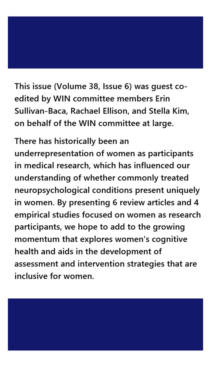 APA Division 40 (SCN)’s Women in Neuropsychology (WIN) committee is excited to announce the publication of a special issue in The Clinical Neuropsychologist. See below for more information!

Read here: (tandfonline.com/toc/ntcn20/38/6)
#WIN #neuropsychology #SpecialIssue #women