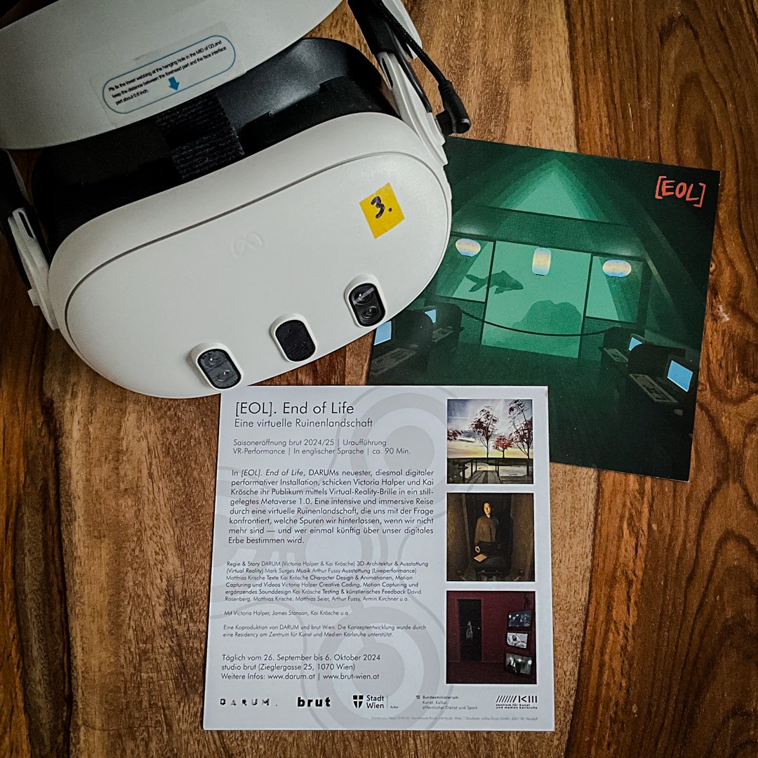 VictoriaHalper's tweet photo. The flyers have arrived for "[EOL]. End of Life" our brand new #VRexperience made for the #MetaQuest3! With hand tracking (meaning no controllers) and 2× 2064.03 × 2208p RGB-stripe LCD+ panels, one per eye @ 90–120 Hz = your eyes and body will be happy. #endoflifevr https://t.co/vcNPBz8utW