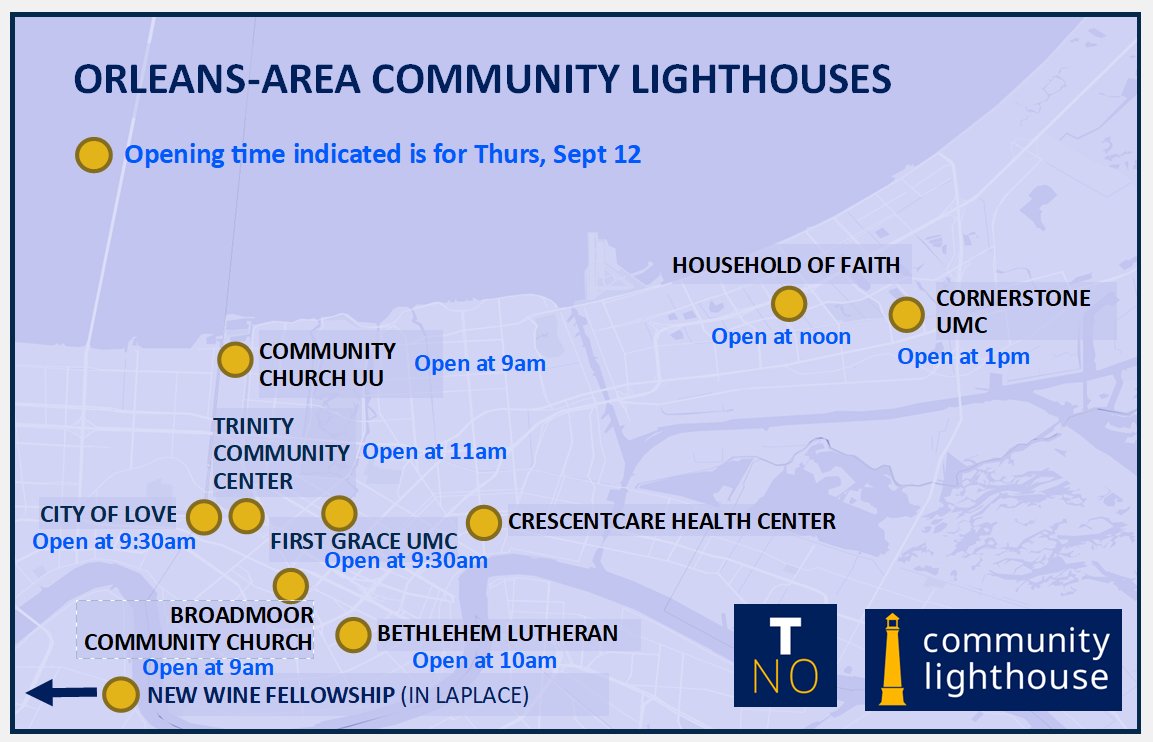 Please share.  These are the times TNO's Community Lighthouses will open today, most of them powered by solar + battery microgrids:
Bethlehem Lutheran Church: 9am
Broadmoor Community Church: 9am
Community Church Unitarian Universalist: 9am
First Grace UMC: 9am
Trinity Community