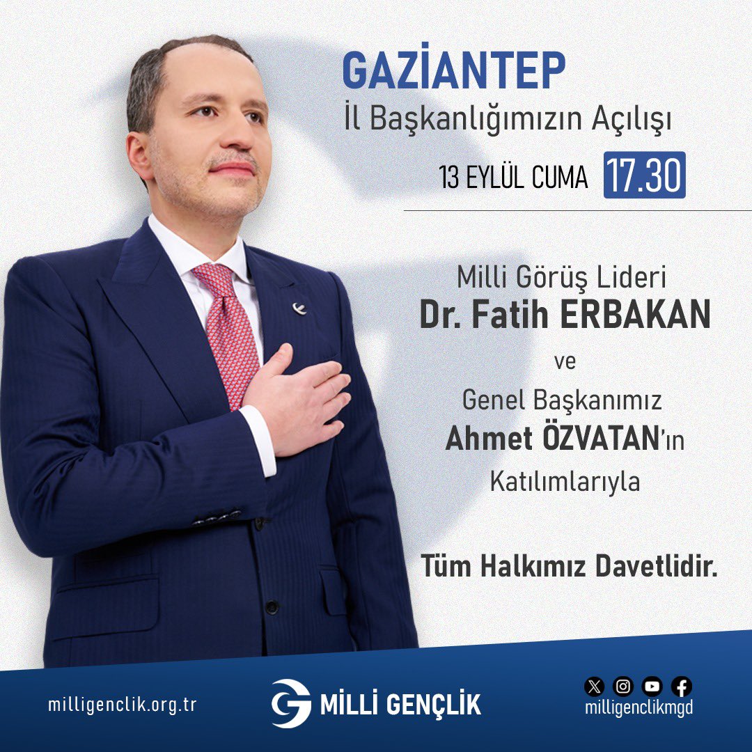 ozvatan_ahmet's tweet photo. Milli Görüş Lideri Dr. Fatih Erbakan’ın katılımlarıyla Milli Gençlik Derneği Gaziantep İl Başkanlığı binamızın açılışını yarın gerçekleştireceğiz inşallah. Tüm Gaziantep’li hemşerilerimizi bekliyoruz. https://t.co/CvdFwiq22I
