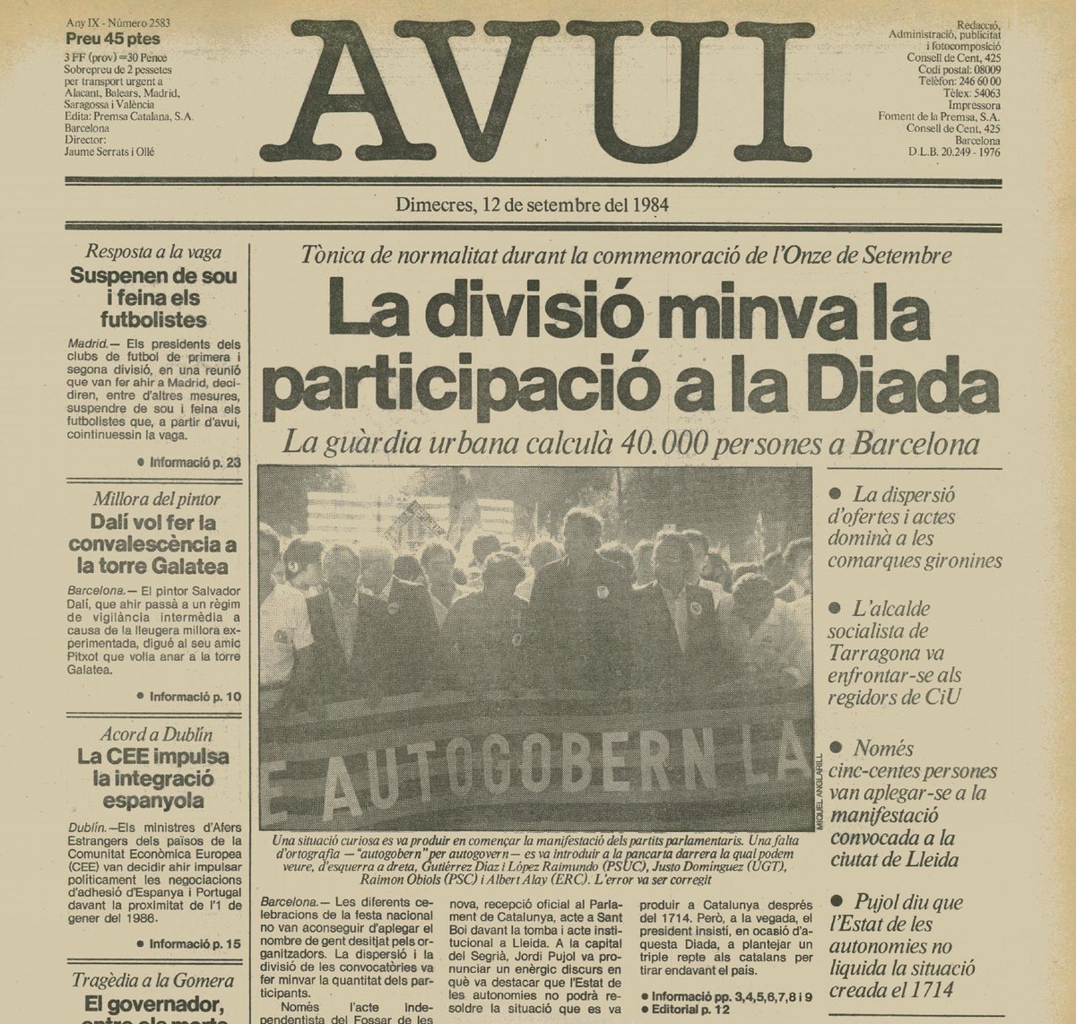 Sembla ser que la divisió independentista ha afectat  l'assistència a la manifestació de la Diada.

Curiosament, fa 40 anys, el nacionalisme també afrontà aquella jornada profundament dividit (amb faltes d'ortografies incloses). L'AVUI ho explicà així: pandora.girona.cat/viewer.vm?id=1…