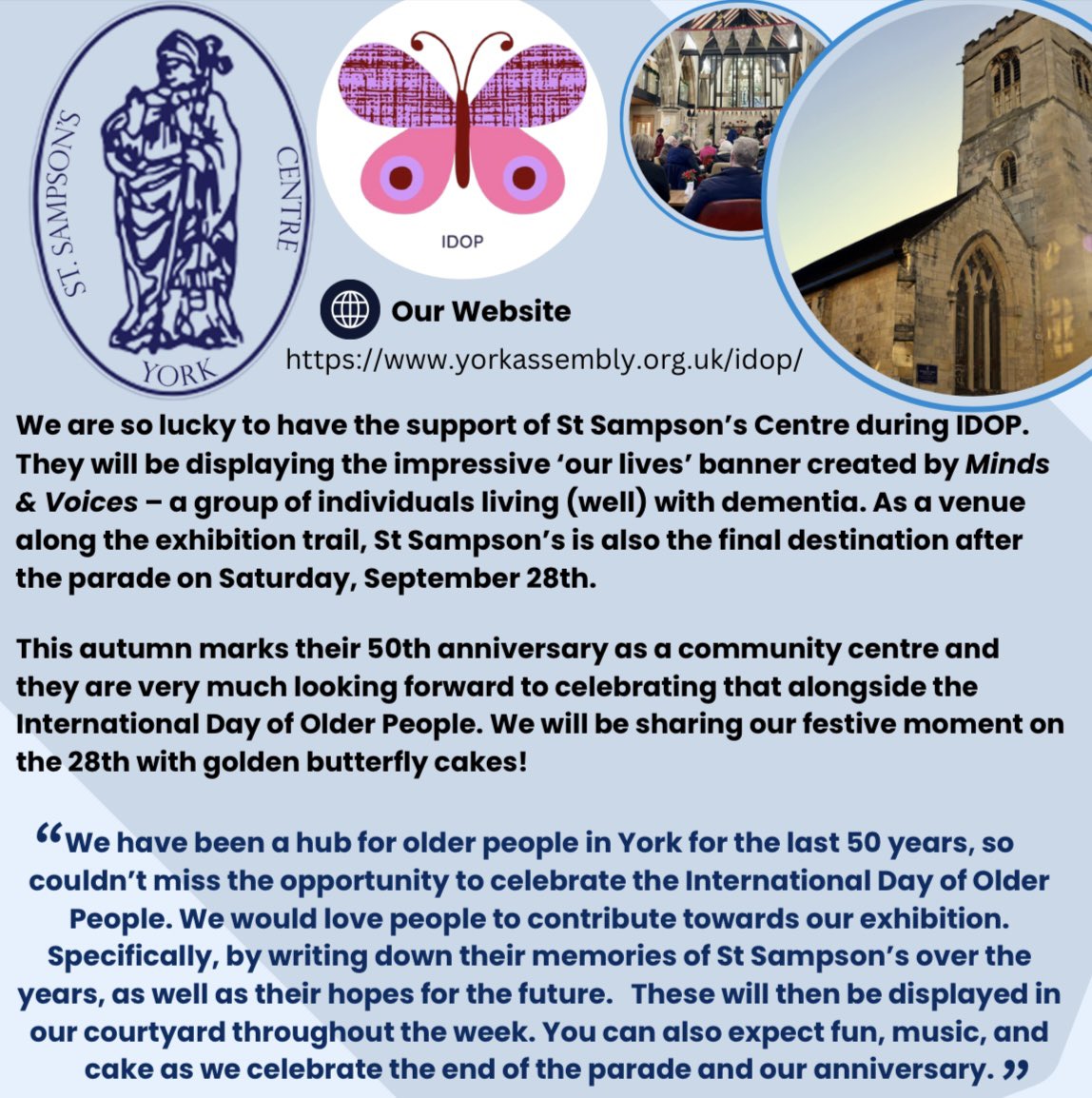 We are excited to introduce our partner St Sampson’s Centre joining us on IDOP.

For more information please visit our website: yorkassembly.org.uk/idop/

#internationaldayofolderpeople #IDOP #StSampsonsCentre #York