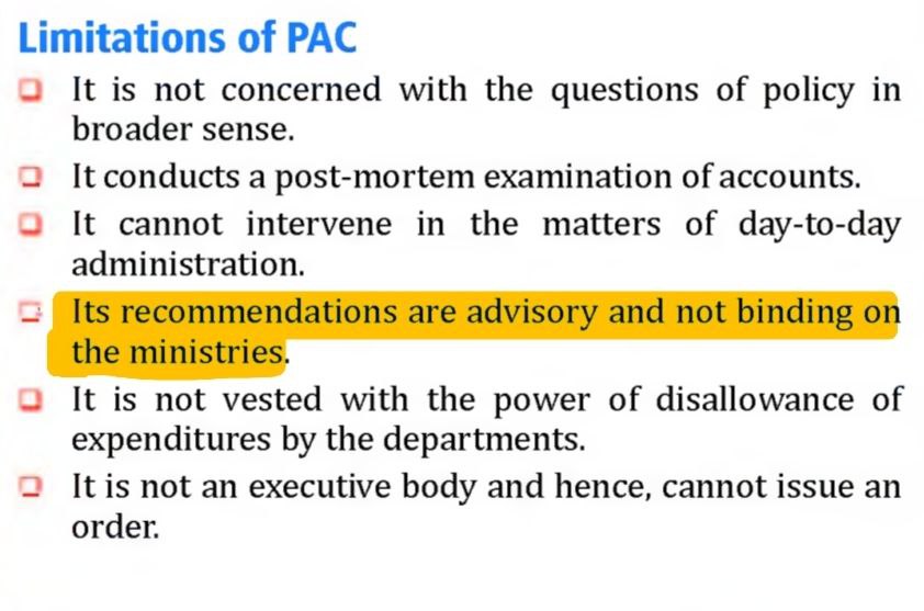 Dictator246's tweet photo. Are the recommendations of PAC binding??? 
Got two different answers... 
Attachments:-
(1) Vajiram Yellow book. 
(2) PW OnlyIAS Sampoorna. 
(3) Forum IAS website. 
(4) The Hindu newspaper 6 September  2024 (Different answer) 

Anyone please... https://t.co/nLh6l2xYqZ
