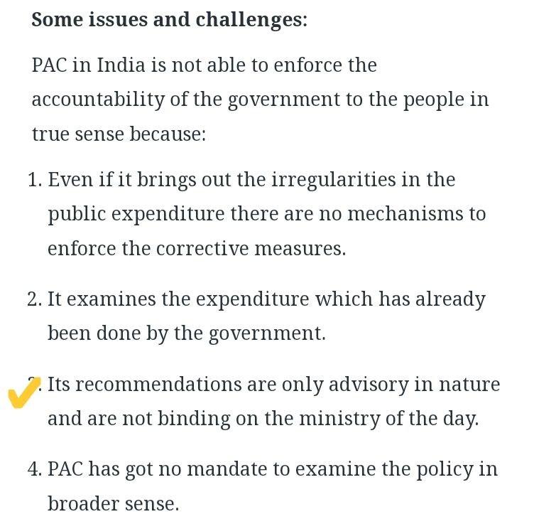 Dictator246's tweet photo. Are the recommendations of PAC binding??? 
Got two different answers... 
Attachments:-
(1) Vajiram Yellow book. 
(2) PW OnlyIAS Sampoorna. 
(3) Forum IAS website. 
(4) The Hindu newspaper 6 September  2024 (Different answer) 

Anyone please... https://t.co/nLh6l2xYqZ