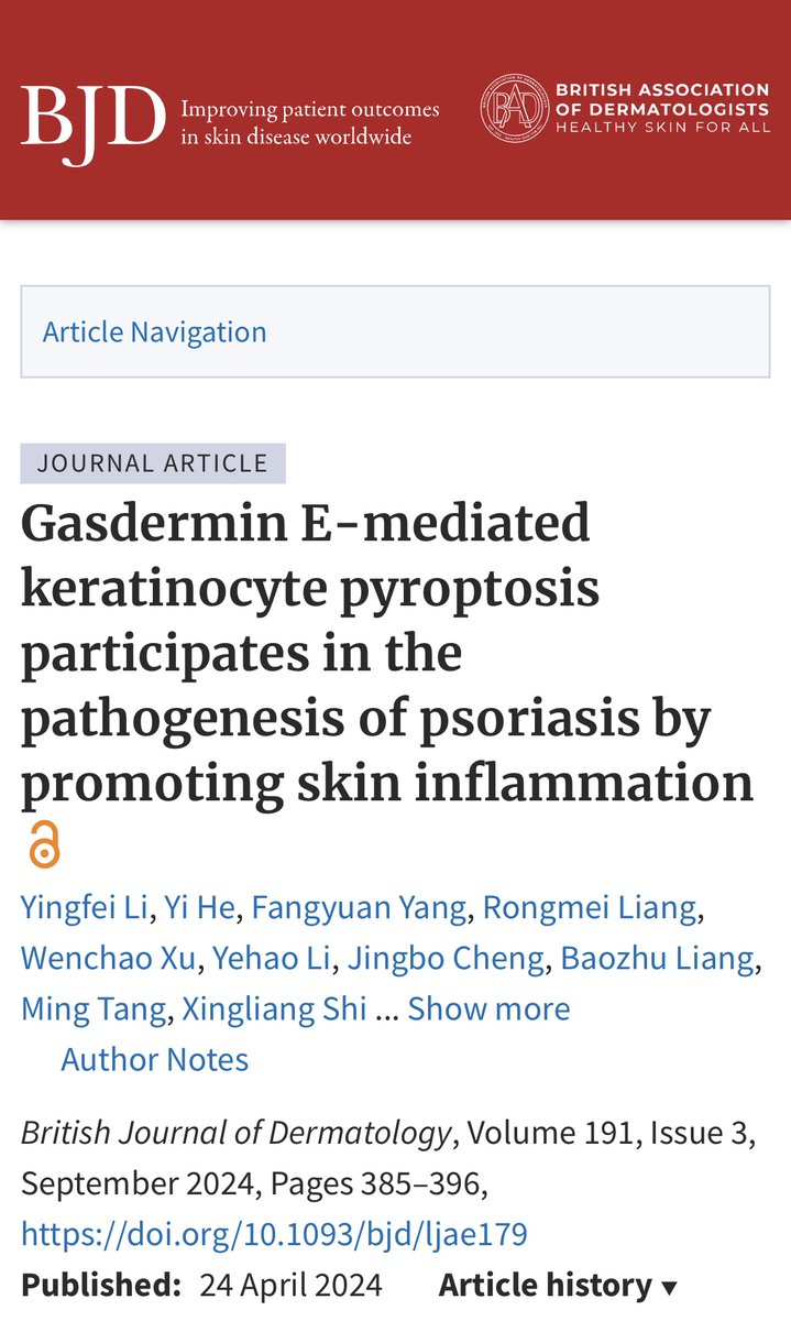 BrJDermatol's tweet photo. In this translational study, the authors found that TNF-α-induced gasdermin E-mediated keratinocyte pyroptosis is crucial in the pathogenesis of psoriasis. 

Targeting the gasdermin E-mediated pathway may be a novel strategy in the treatment of psoriasis.

https://t.co/3b31lAX7DE https://t.co/2ENVDzY6P1