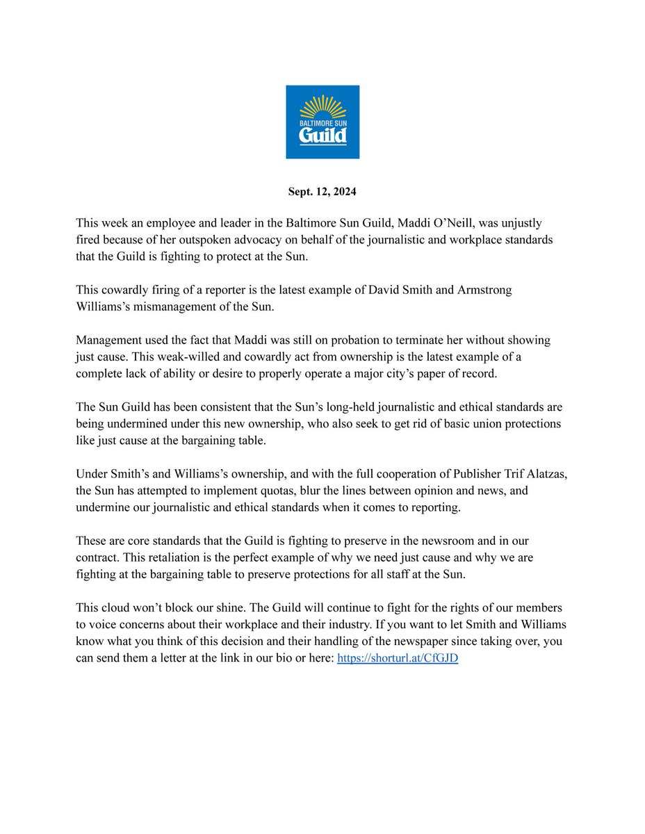 My friend was unjustly fired from The Baltimore Sun for speaking up to management about maintaining our credibility and journalistic values. Help us keep making The Sun rise. Fill out this form and let them know where you stand✊🏻☀️ actionnetwork.org/letters/respec…