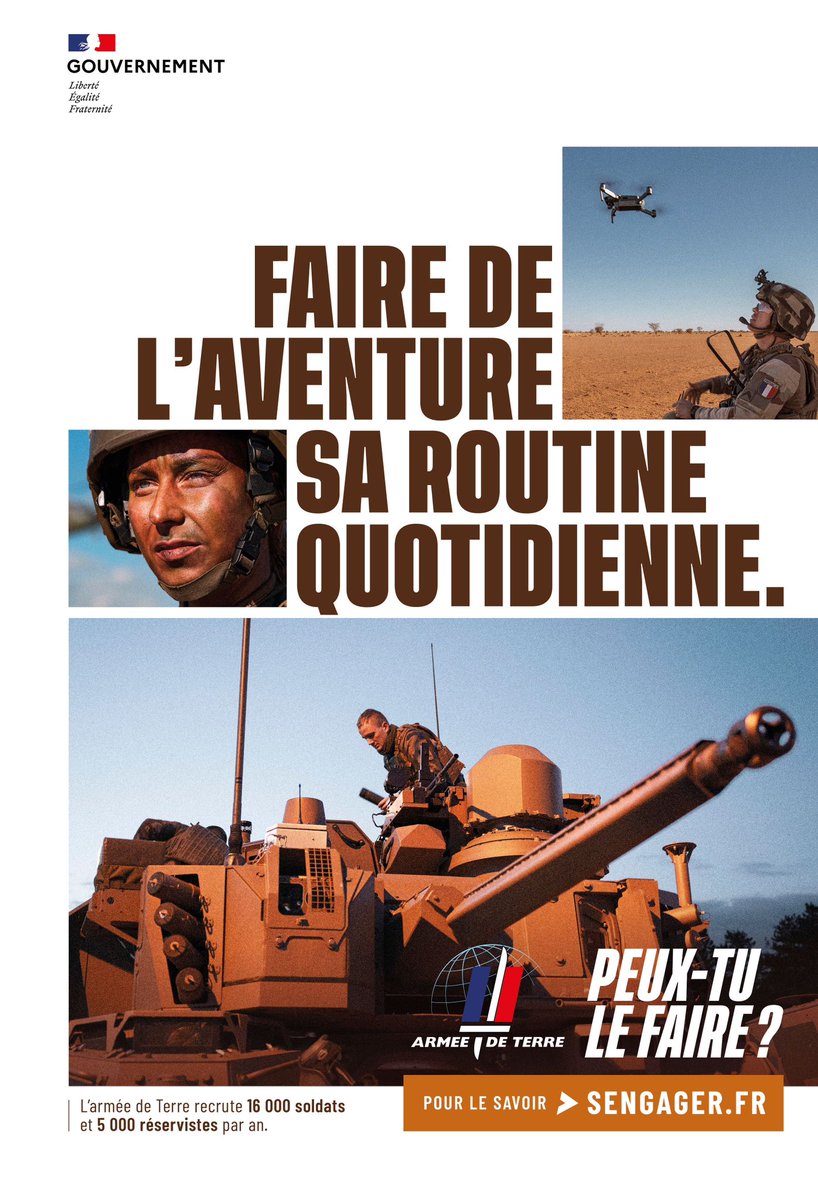 L’<a href="/armeedeterre/">Armée de Terre</a> lance sa nouvelle campagne de #recrutement : « armée de Terre, peux-tu le faire ? »

➡️ Objectifs : combattre les idées reçues et proposer aux jeunes une aventure humaine reposant sur 6 valeurs dont la #fraternité, la #cohésion et le dépassement de soi. Une