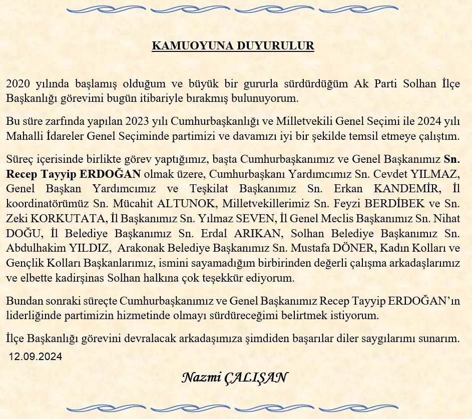 Kamuoyuna Duyurulur
<a href="/SolhanAkParti/">AK PARTİ SOLHAN İLÇE BAŞKANLIĞI 🇹🇷</a>