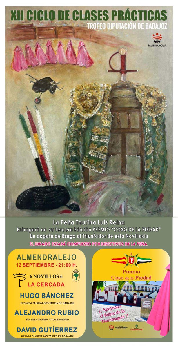 Hoy en Almendralejo, Provincia de Badajoz, XII Ciclo de Novilladas Sin Picadores de la <a href="/DipdeBadajoz/">Diputación de Badajoz</a>. Hugo Sanchez, <a href="/alejandroruubio/">Alejandro Rubio</a> y David Gutierrez. Novillos 🐂 de La Cercada. Transmisión 📺 en vivo por <a href="/cextremadura/">Canal Extremadura</a>.