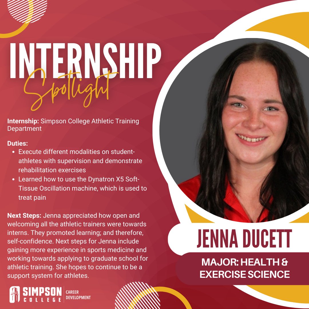 SimpCoCareers's tweet photo. Jenna Ducett enters the chat as our next Intern Spotlight! ✨👏 Jenna enjoyed her internship and hopes to continue gaining more experience in sports medicine! #rollstorm #careerdevelopment #internshipspotlight #simpsoncollege https://t.co/AbqtYEr8LX