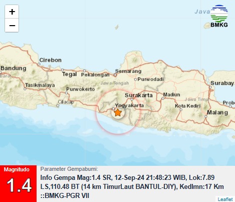 bmkgjogja's tweet photo. Info Gempa Mag:1.4, 12-Sep-24 21:48:23 WIB, Lok:7.89 LS,110.48 BT (14 km TimurLaut BANTUL-DIY), Kedlmn:17 Km ::BMKG-PGR VII https://t.co/wjoMLACO8U