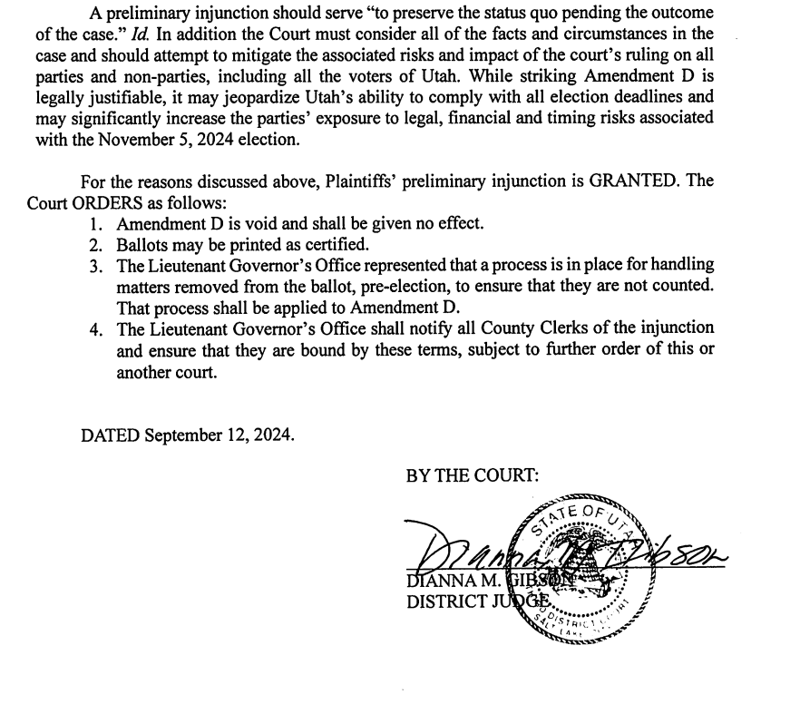 LindsayOnAir's tweet photo. #BREAKINGNEWS: A judge as struck Amendment D as VOID.  It can be printed on the ballots but it is "void and has no effect." The state has said they will appeal. 

@KSL5TV #utpol https://t.co/3VjUQEASsr