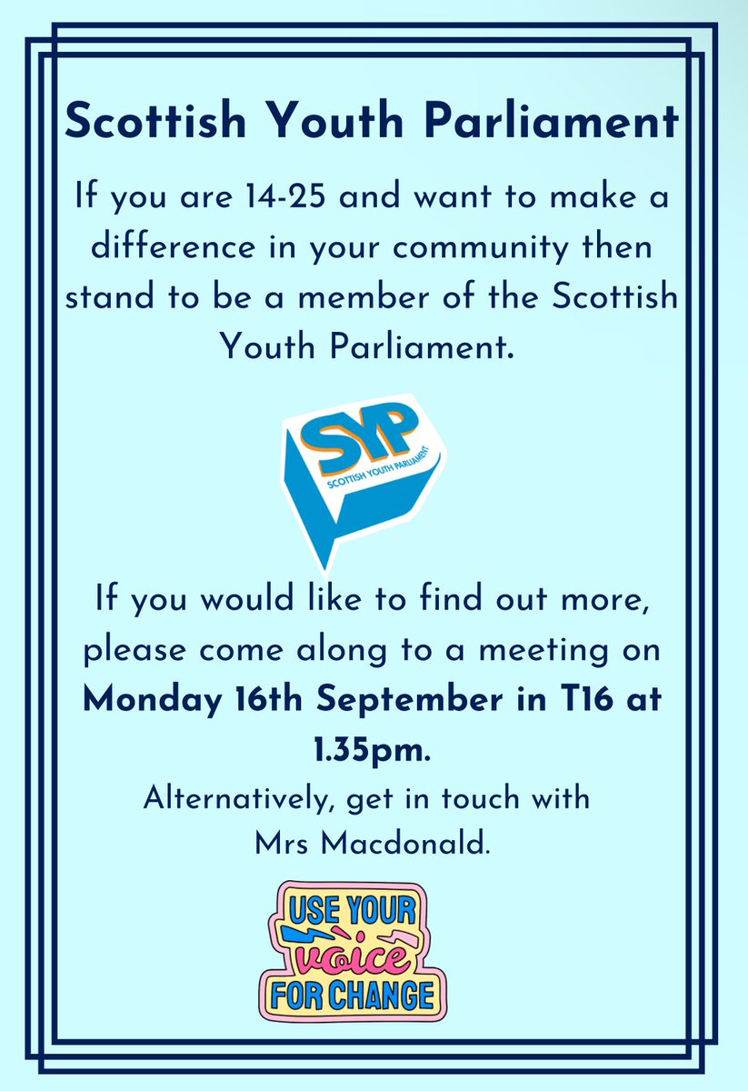 Mrs Macdonald (@modsandhistory) on Twitter photo If you are interested in standing as a candidate for election to the Scottish Youth Parliament, come along to a short meeting on Monday! <a href="/HillheadHS/">Hillhead High School</a> If you are interested in standing as a candidate for election to the Scottish Youth Parliament, come along to a short meeting on Monday! <a href="/HillheadHS/">Hillhead High School</a>