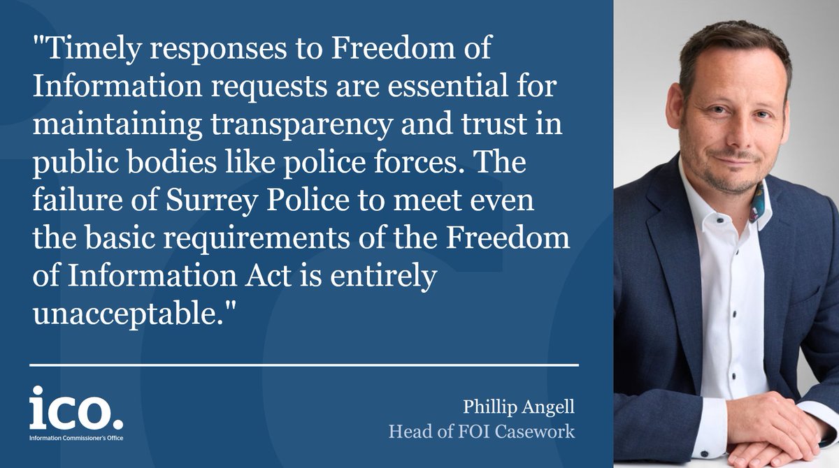 🆕We’ve issued an enforcement notice to Surrey Police after they repeatedly failed to clear their freedom of information backlog.

Their compliance rate of just 54% is far below the expected standards

Read more about our action: ico.org.uk/about-the-ico/…