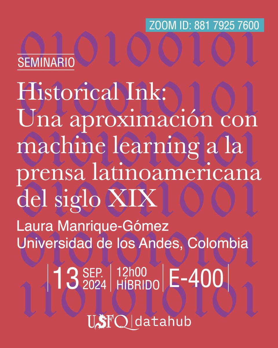 Seminario: Documentos históricos y machine learning 🖋️🖱️🌐 Online y presencial

Laura Manrique de <a href="/Uniandes/">Uniandes</a> lidera el proyecto Historical Ink, un vasto corpus de periódicos latinoamericanos del siglo XIX digitalizados.

usfq.zoom.us/meeting/regist…