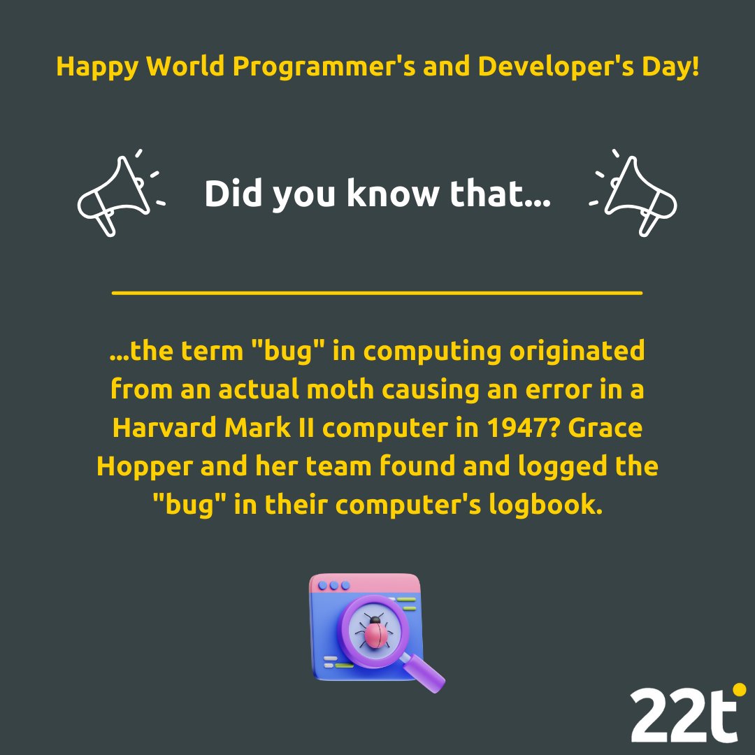 22tribes's tweet image. Tomorrow the World Programmers' and Developers' Day is celebrated 🌍💻! Did you know the term 'bug' originated from a moth in the 1947 Harvard Mark II? Kudos to Grace Hopper and her team for their pioneering work 🙌✨!
#22tribes #22tb #WorldProgrammersDay #WorldDevelopersDay